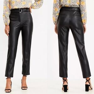 LOFT Belted Slim Taper Pants in Black Faux Leather Size 2 EUC